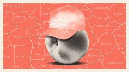 Illustration of a peach wearing a MAGA baseball cap in front of a Georgia counties map