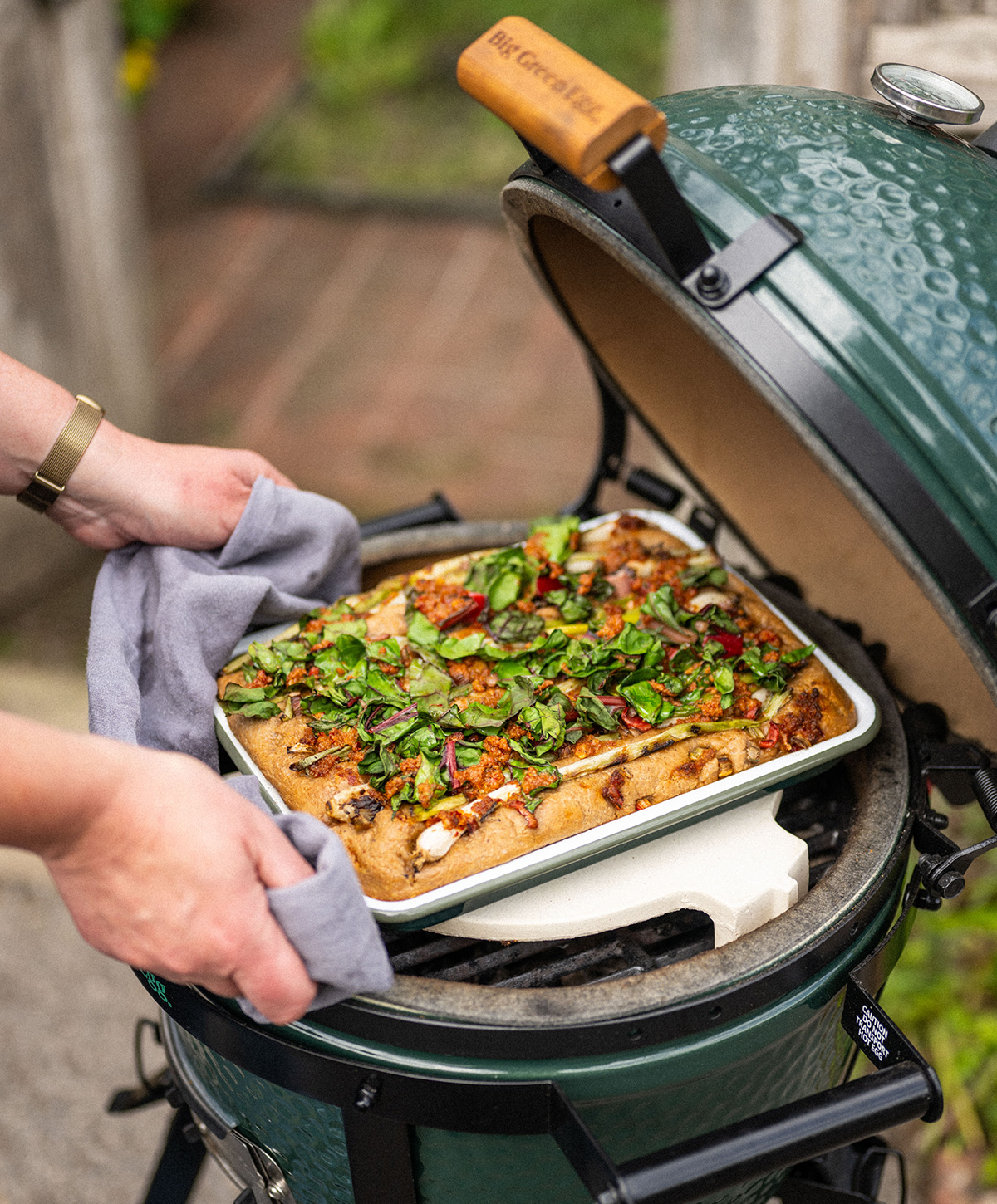 close up of falcon enamelware x big green egg collaboration cooking foccacia