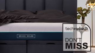 The front of a Brook + Wilde Elite mattress with bedding on top, to the side a table and lamp