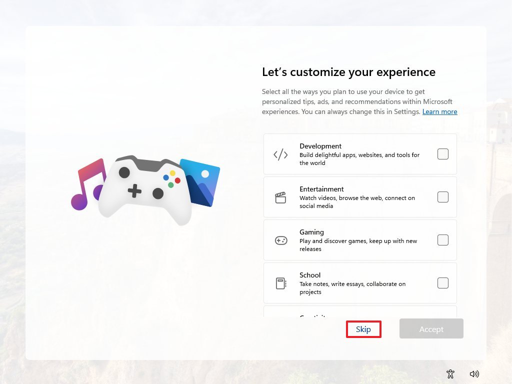 OOBE skip customize your experience