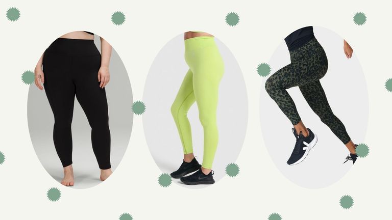 Composite image of three models wearing the best workout leggings on a white and green star background