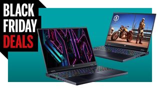 Two gaming laptops on a Black Friday background