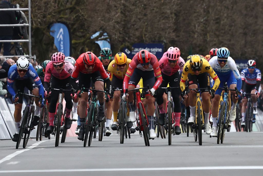 TrekSegafredos Danish rider Mads Pedersen C cycles to win the 2nd stage of the 81st Paris Nice cycling race 164 km between Bazainville and Fontainebleau on March 6 2023 Photo by ANNECHRISTINE POUJOULAT AFP Photo by ANNECHRISTINE POUJOULATAFP via Getty Images