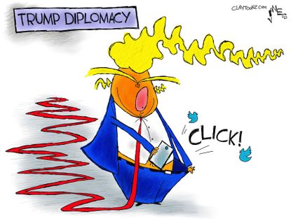 Political cartoon U.S. Trump tweets North Korea nuclear weapons diplomacy