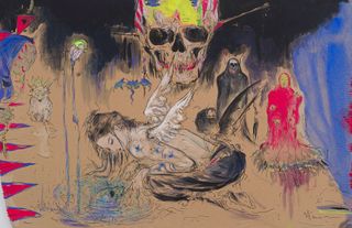 A painting depicts an angel peering into a pool of water as a giant skull hangs over her.