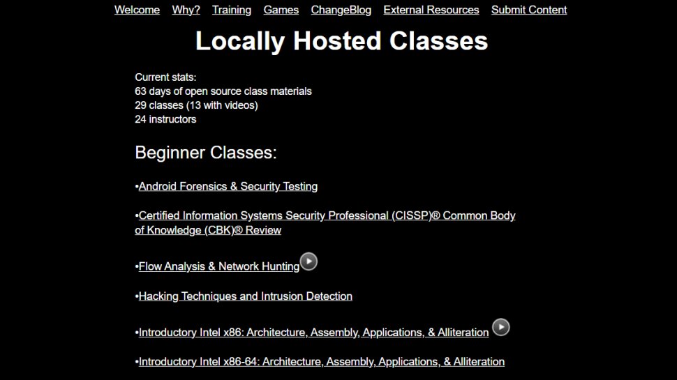 Website screenshot of Open Security Training (August, 2025)