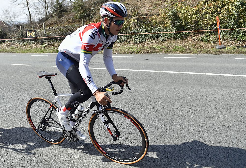 Australian Heinrich Haussler of IAM Cycling practices during a track reconnaissance, on April 1, 2016, ahead of the Tour of Flanders
