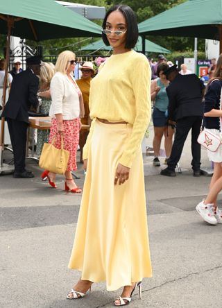 Jourdan Dunn wearing a lemon ensemble at Wimbledon 2023