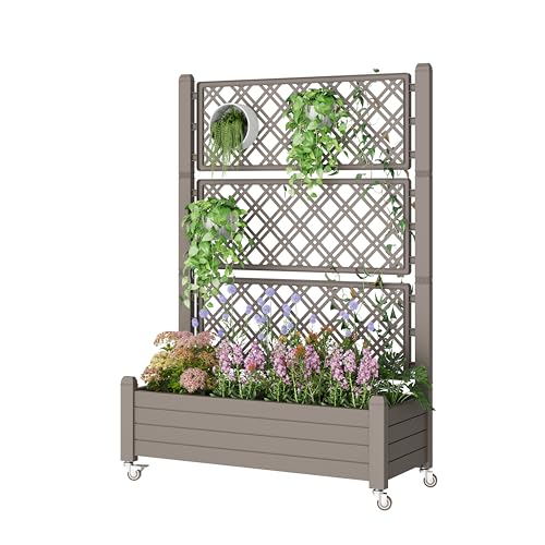Wtfgo Resin Raised Garden Bed With Trellis and Wheels - Plasitc Planter Box With Trellis Outdoor With Drainage Holes &amp;amp; Water Monitor for Climbing Plants, Flower, Gray(61.2" H)