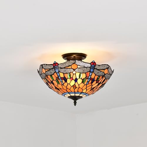 Belofay Dragonfly Style Tiffany Ceiling Light Stained Glass Handmade Uplighter Shade Ceiling Lights for Living Room, Bedroom and Lounge | 16x11 Inches (wxh)