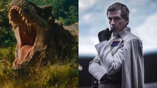 A roaring T-Rex in Jurassic World Rebirth, pictured next to Ben Mendelsohn shown in his Imperial uniform from Rogue One: A Star Wars Story.