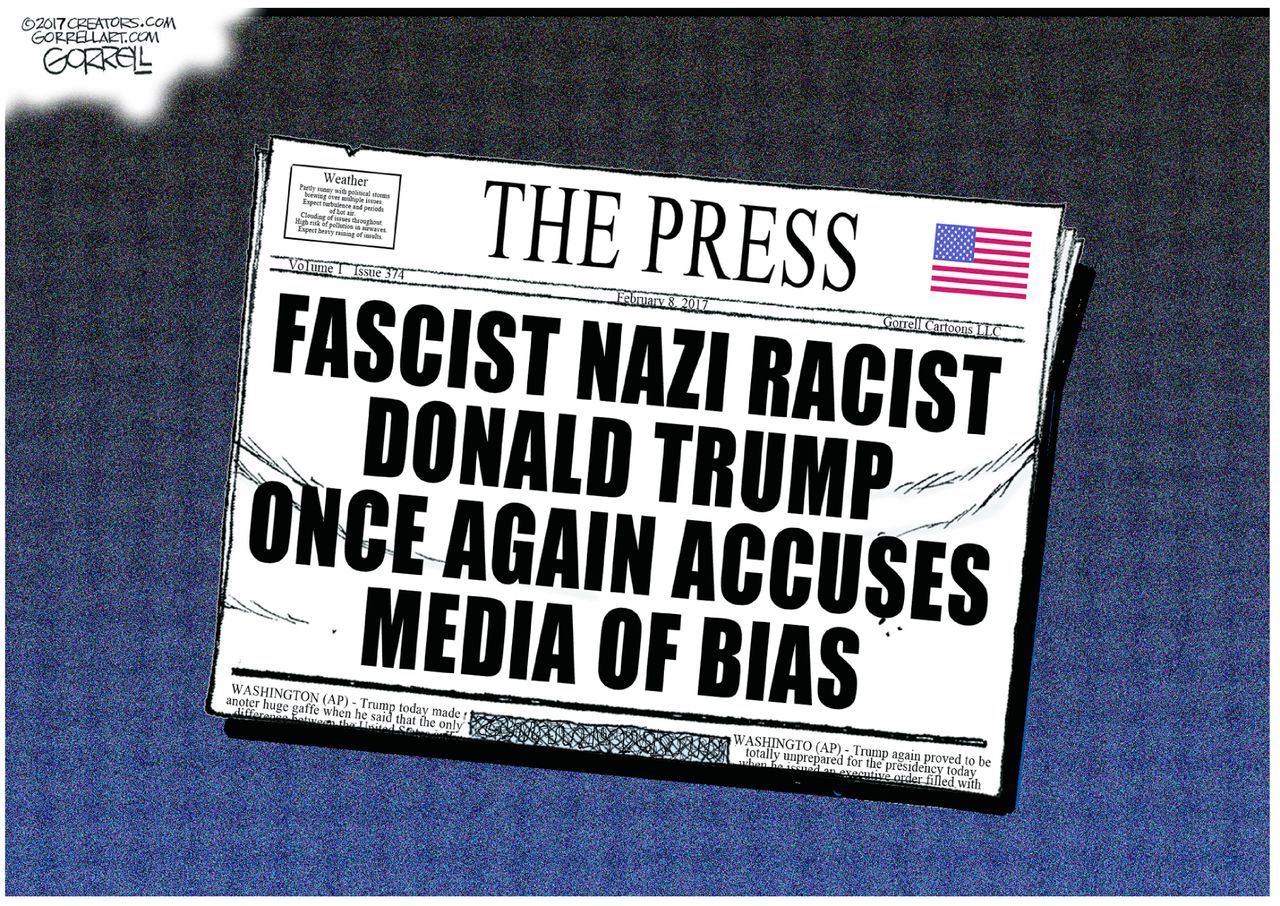 Political Cartoon U.S. Media bias press calls Trump fascist racist