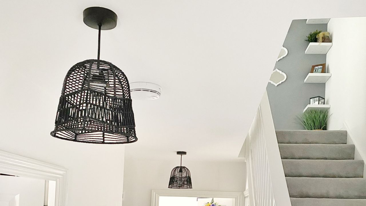 hallway with black pendant light