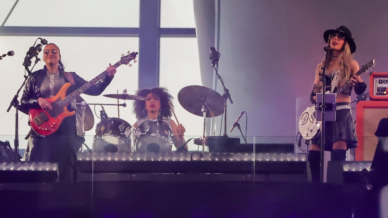 Rhonda Smith, Cindy Blackman Santana and Orianthi of The Band 3 perform during halftime of a game between the Jacksonville Jaguars and the Las Vegas Raiders