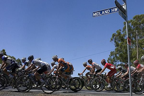 Riders in the men's under 23 road race leave the Midland Highway