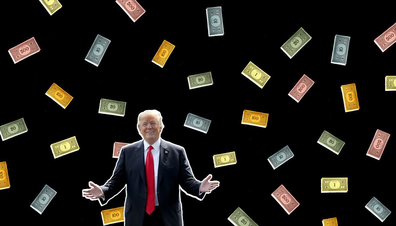 President Trump surrounded by falling Monopoly money