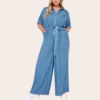 YOURS Curve Blue Chambray Wide Leg Jumpsuit