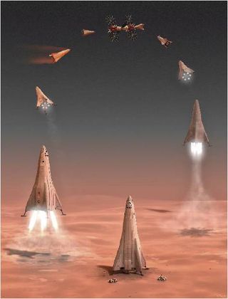 Mars Base Camp astronauts could visit the Martian surface on two-week missions, thanks to a reusable sortie system that employs supersonic retropropulsion.