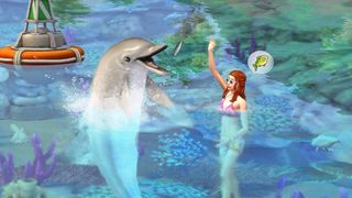 A Sim swimming while feeding a dolphin during the Sims 4 expansion pack, Island Living.