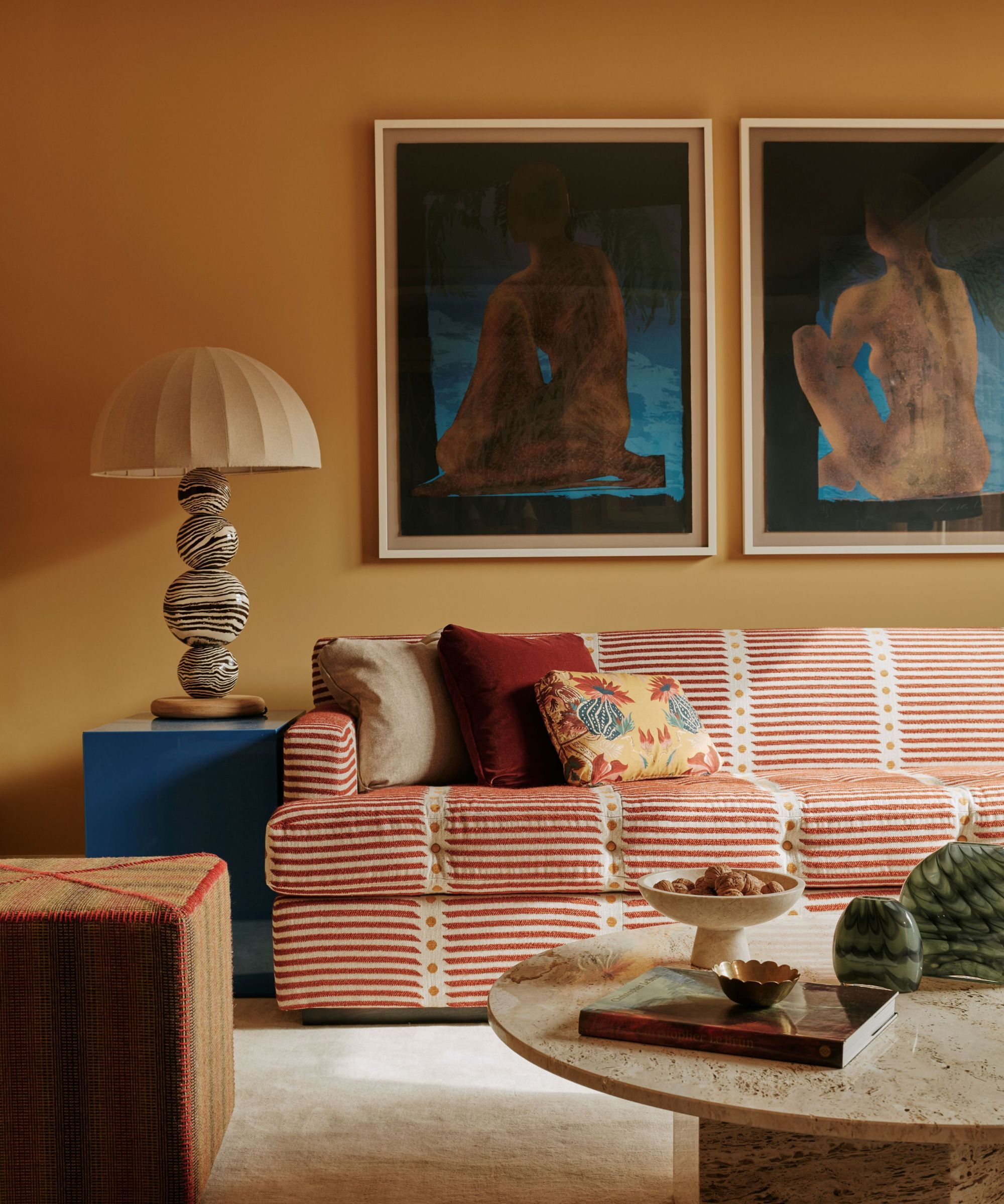 A modern, colorful sitting room