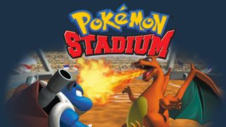 Das Cover von Pokémon Stadium, in welchem Turtok und Glurak gegeneinander kämpfen.