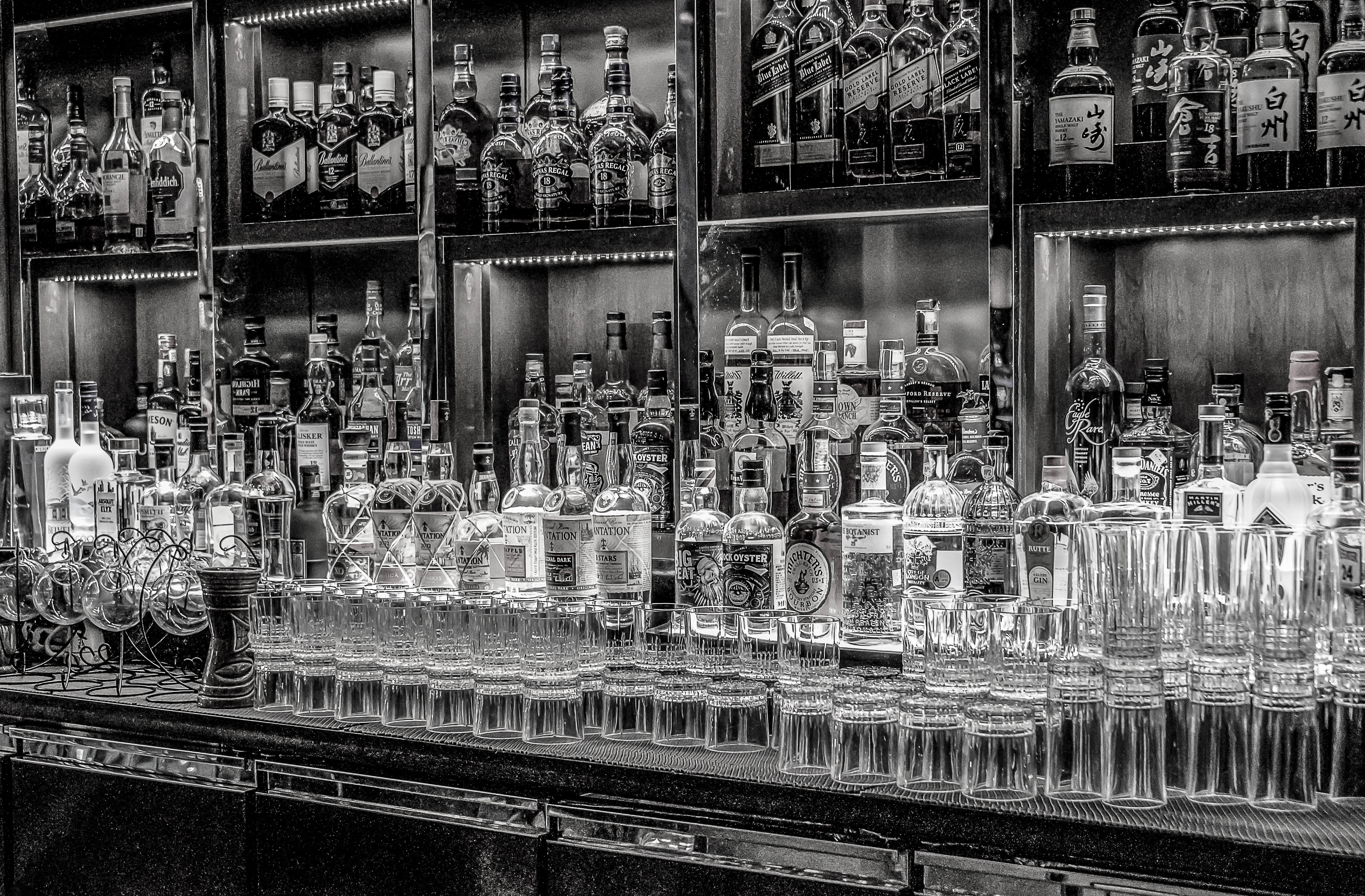 Wall with Bitters and alcohols in black and white