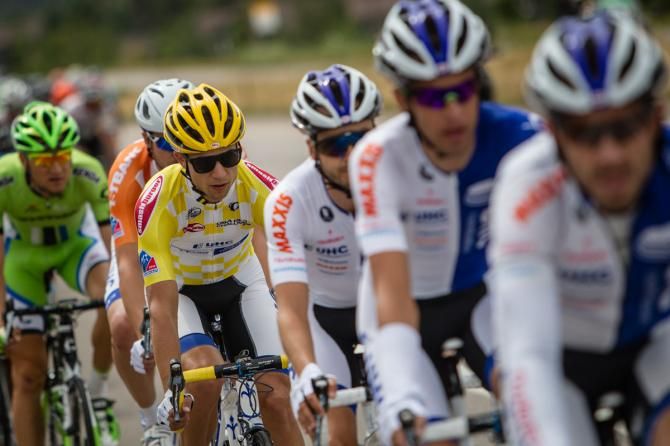 Kiel Reijnen (UnitedHealthcare) in the yellow jersey on stage 2 of the USA Pro Challenge