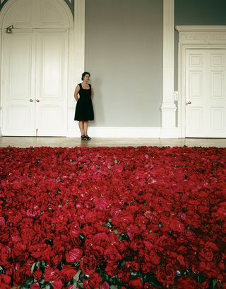 Anya Gallaccio, photographed with Red on Green at the ICA, July 1992, by Edward Woodman