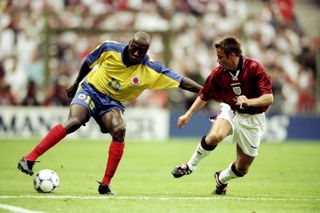 Freddy Rincon on the ball for Colombia up against England and Graeme Le Saux at the 1998 World Cup.
