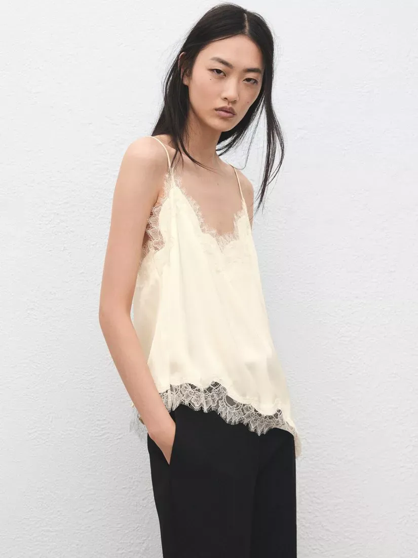Mango Lace Trim Asymmetric Vest Top, Light Beige