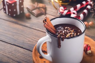 A rich, homemade hot chocolate with cinnamon sticks and crushed hazelnuts in a white mug, in front of a festive background.