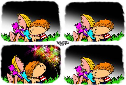 Editorial cartoon U.S. Kids technology social media fireworks