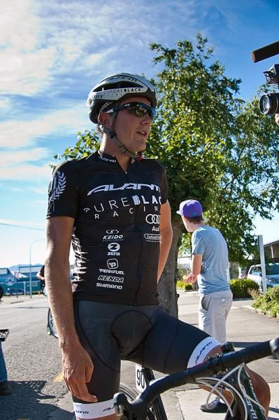 Stage one winner James Williamson (Pure Black Racing) fronts the media.