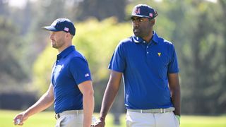 Wyndham Clark and Sahith Theegala in a practice round before the Presidents Cup