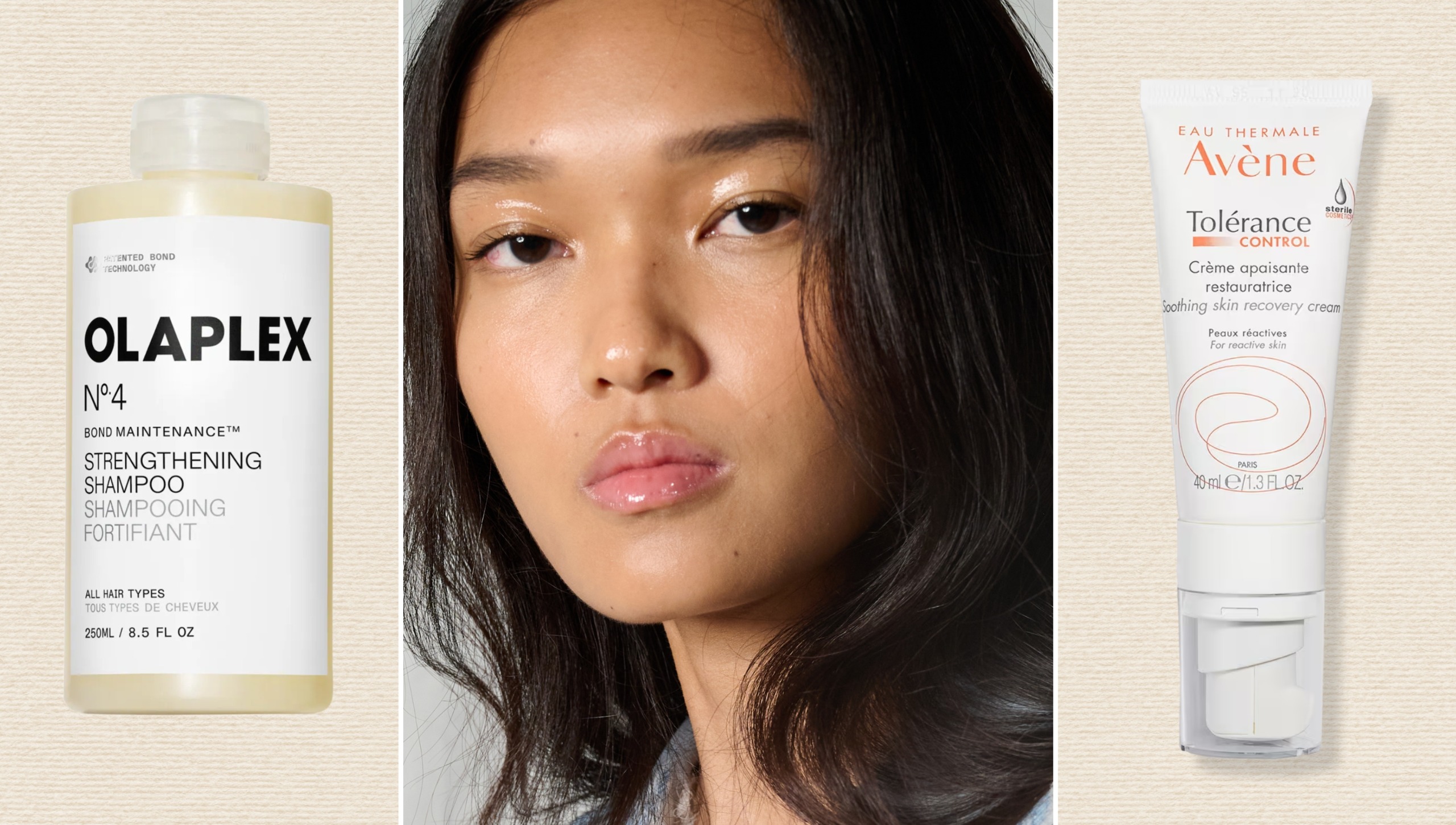 a woman in the middle with dark brown hair on a beige background next to two beauty products