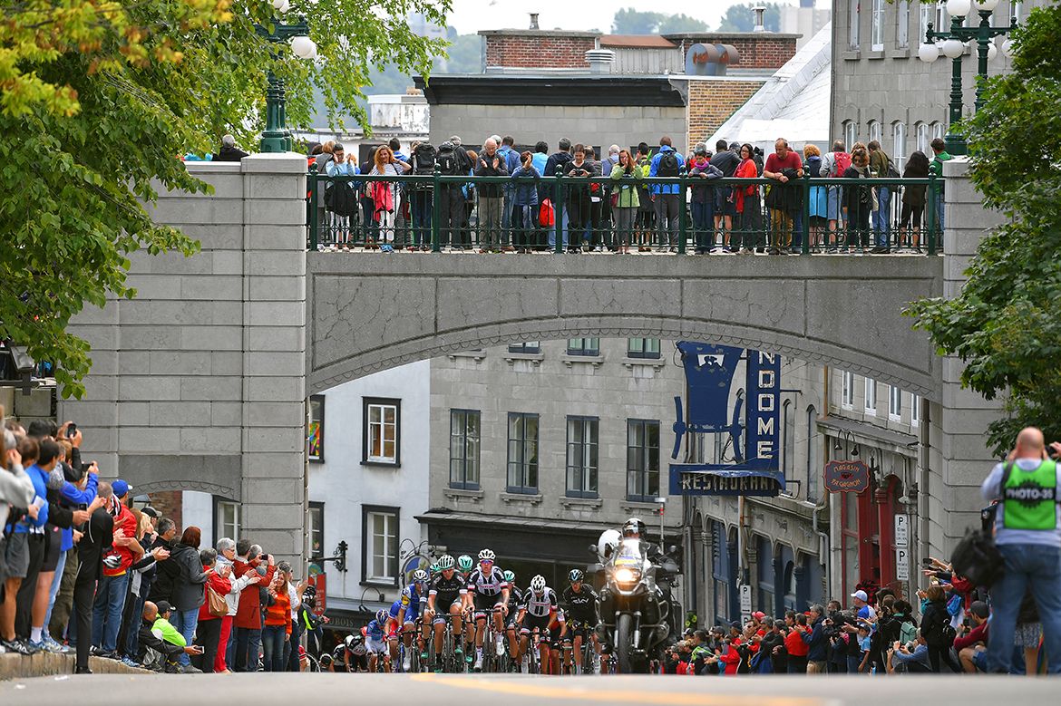 The peloton heads through Quebec's old city