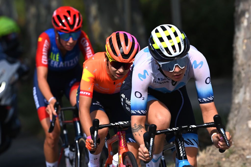 BLAGNAC FRANCE JULY 28 LR Sandra Alonso of Spain and Team CERATIZITWNT Pro Cycling Agnieszka SkalniakSjka of Poland and Team CanyonSRAM Racing and Emma Norsgaard of Denmark and Movistar Team compete in the breakaway during the 2nd Tour de France Femmes 2023 Stage 6 a 1221km stage from Albi to Blagnac UCIWWT on July 28 2023 in Blagnac France Photo by Tim de WaeleGetty Images