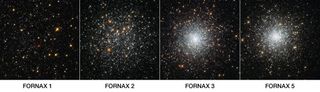 This NASA/ESA Hubble Space Telescope image shows four globular clusters in the dwarf galaxy Fornax. A huge population of stars appears to be missing from globular clusters in the area, scientists say.