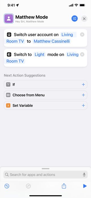 Screenshot of the Matthew Mode shortcut again, this time adding "Switch to Light Mode" to it.