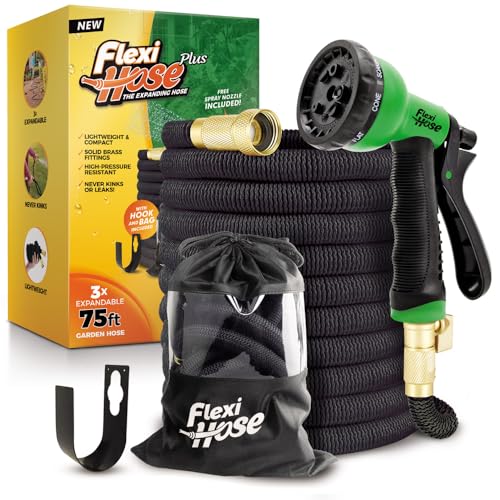 Flexi Hose Plus With 8 Function Nozzle Expandable Garden Hose, Lightweight &amp;amp; No-Kink Flexible Garden Hose, 3/4 Inch Solid Brass Fittings and Double Latex Core, 75 Ft Black