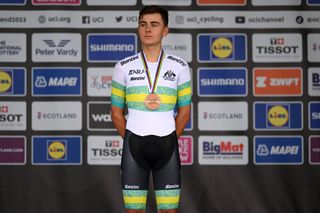 STIRLING SCOTLAND AUGUST 09 Bronze medalist Hamish Mckenzie of Australia poses on the podium during the medal ceremony after the Men Under 23 Individual Time Trial a 362km race from Stirling to Stirling 80m at the 96th UCI Cycling World Championships Glasgow 2023 Day 7 UCIWT on August 09 2023 in Glasgow Stirling Photo by Dario BelingheriGetty Images