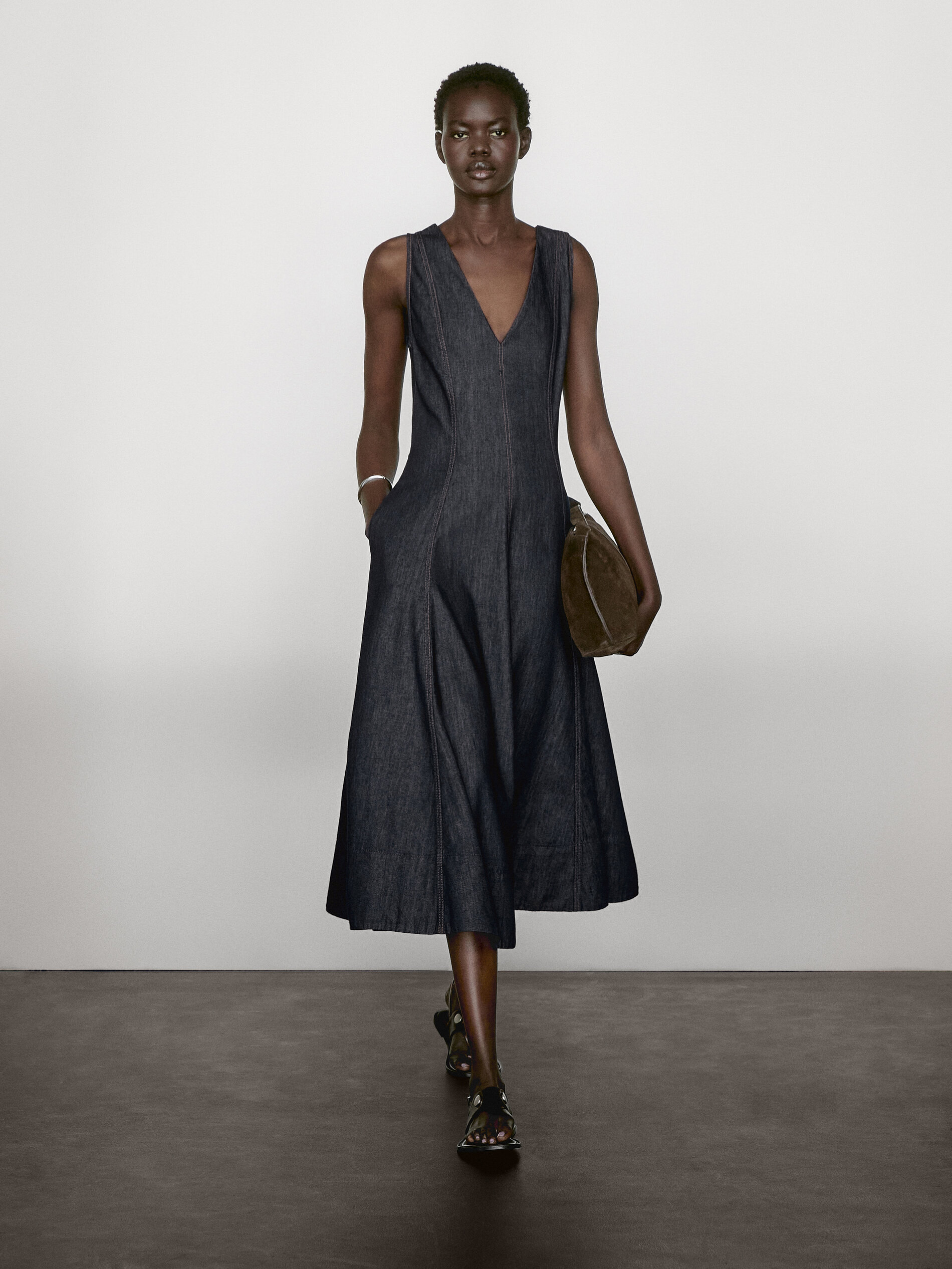 Denim Midi Dress With Seam Details