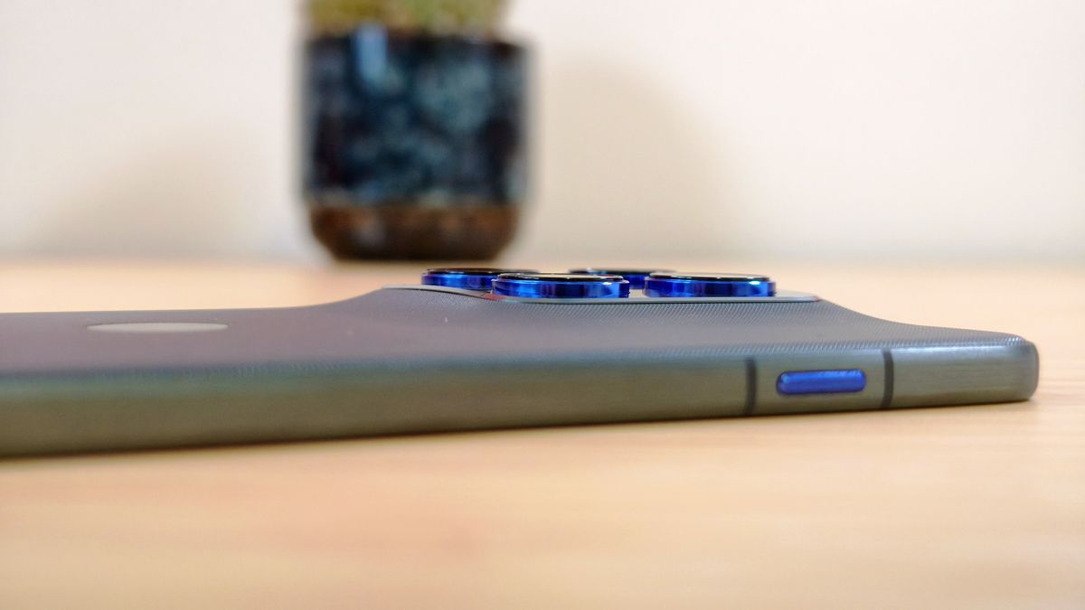 Motorola Edge 70 phone on a wooden desk