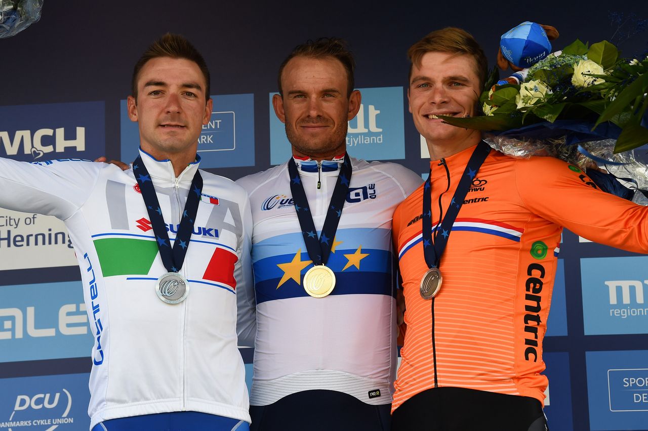 Elia Viviani, Alexander Kristoff and Moreno Hofland on the European road race podium