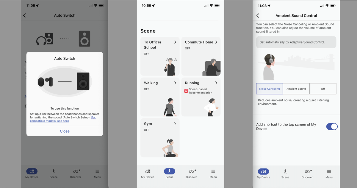 Sony WF-1000XM6 three screen-grabs using grey background of the Sony Connect app, showing the ANC and 'scene' options