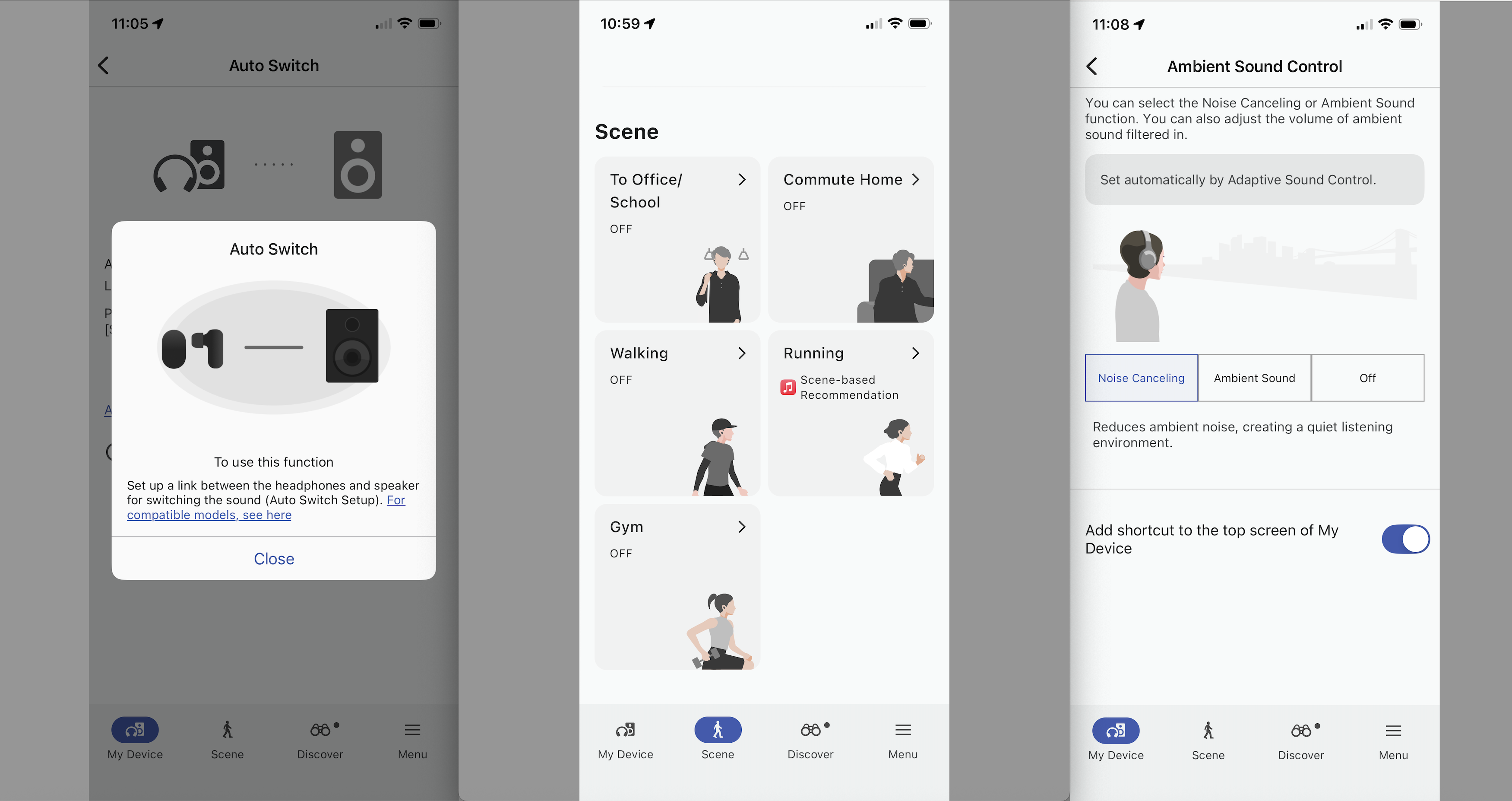 Sony WF-1000XM6 three screen-grabs using grey background of the Sony Connect app, showing the ANC and 'scene' options