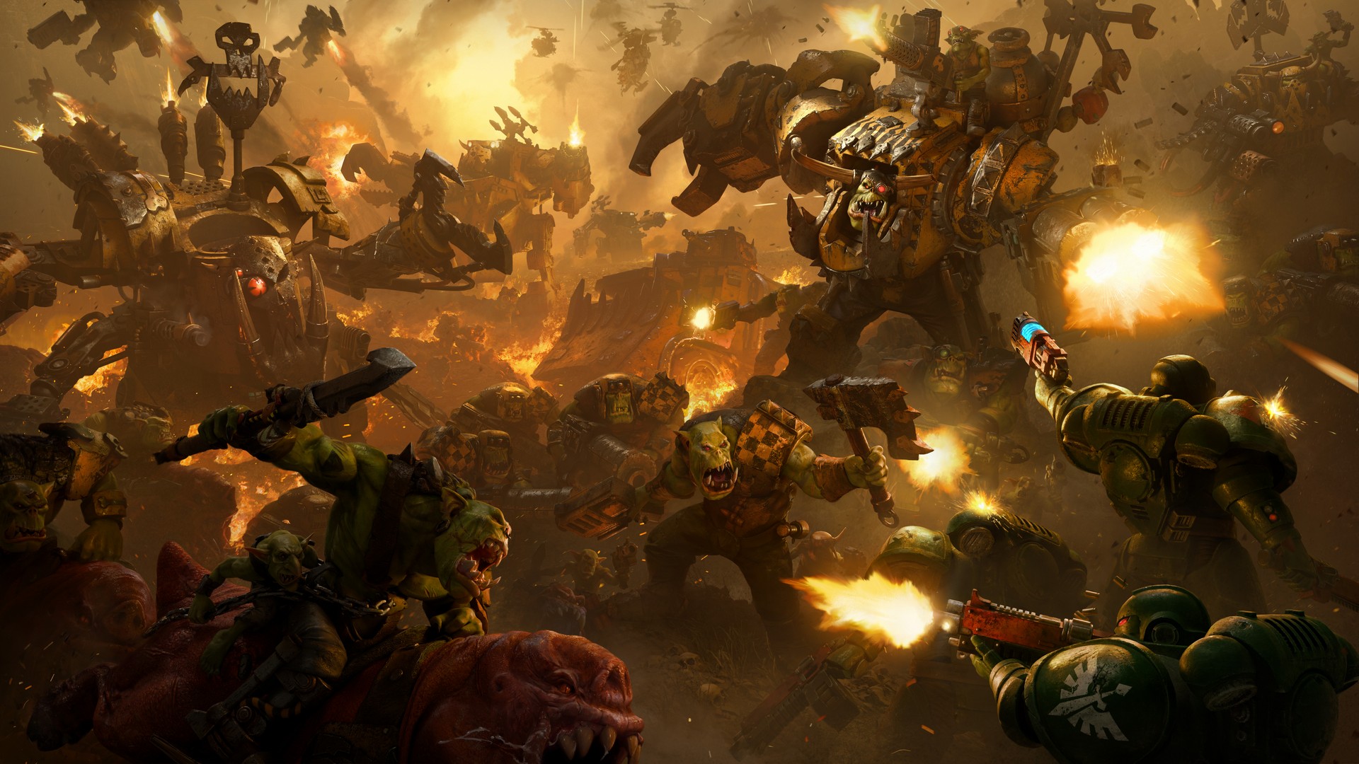 Key art for Warhammer 40,000: Dawn of War 4 showing the Ork faction overwhelming Space Marines on the battlefield, with many types of ork unit advancing including ones in mechs, ones riding pig-like creatures, tanks, and axe-wielding infantry
