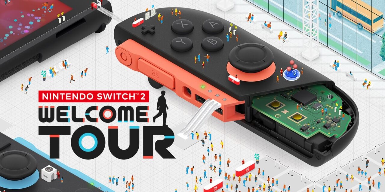 cover art for Nintendo Switch 2 Welcome Tour showing the right Joy-con and the Nintendo Switch 2 with people walking around them