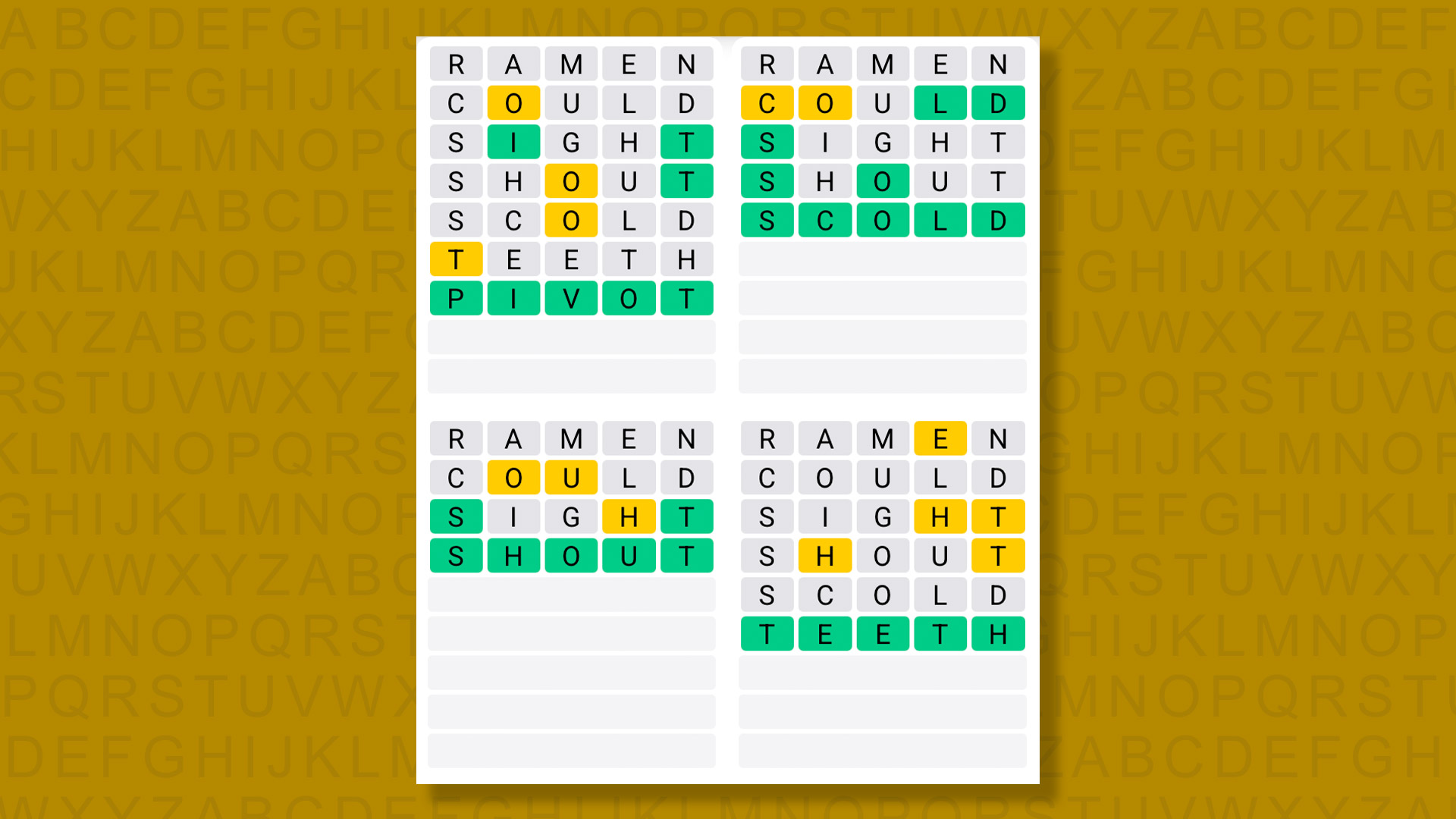 Quordle Daily Sequence answers for game 1369 on a yellow background