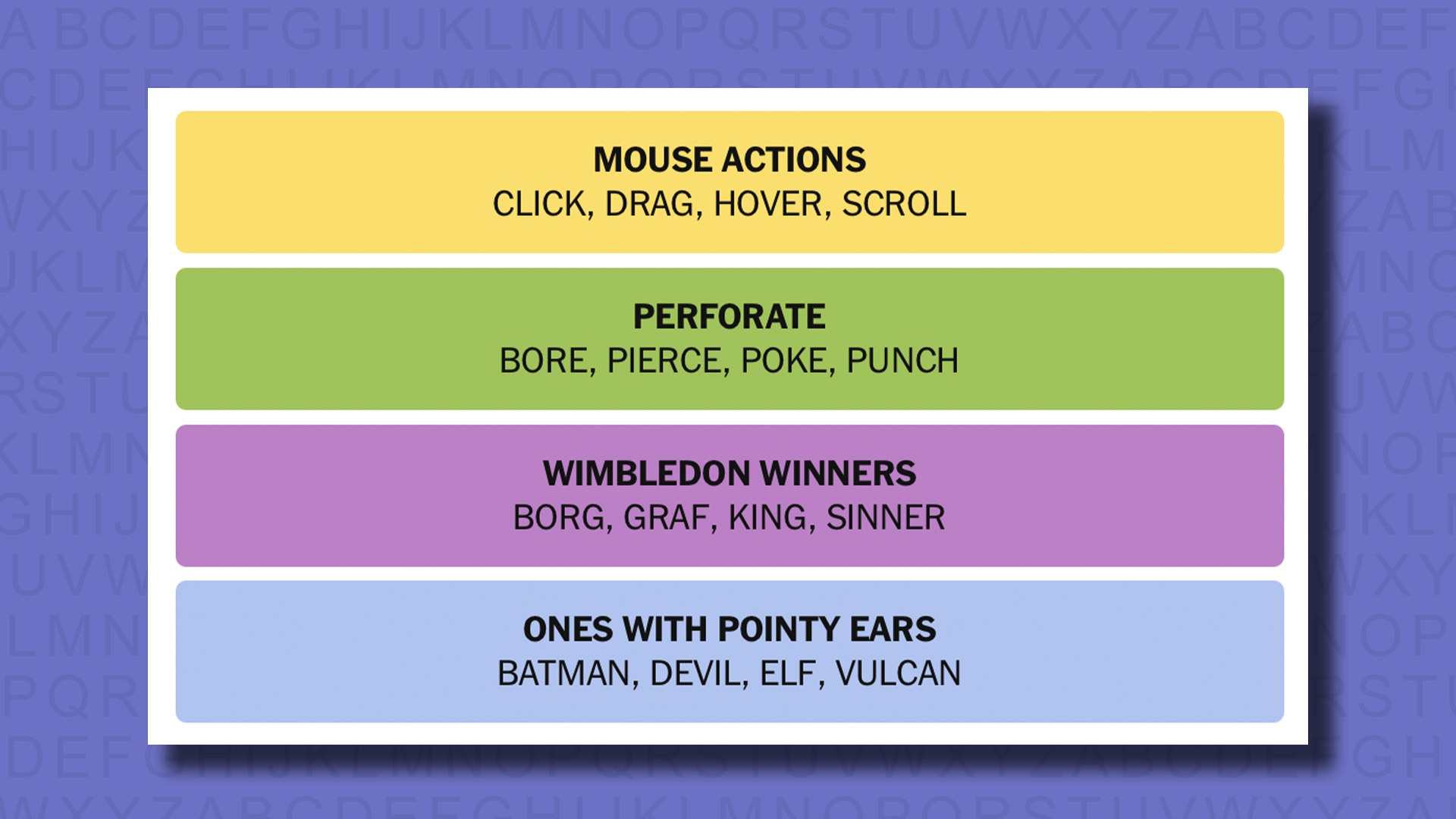 NYT Connections answers for game 788 on a purple background